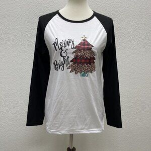 Womens Small Long Sleeve Tee T-Shirt Top Bright Merry Christmas Tree Holiday